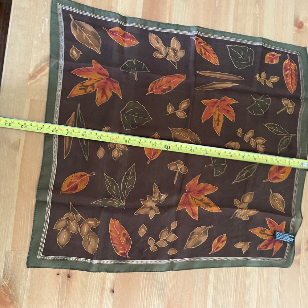 Vintage Brown Green Fall Leaf Print Square Polyester Scarf Small - Picture 7 of 12